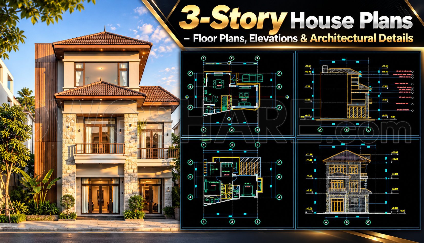 583. 3-Story House Plans – Floor Plans, Elevations & Architectural Details
