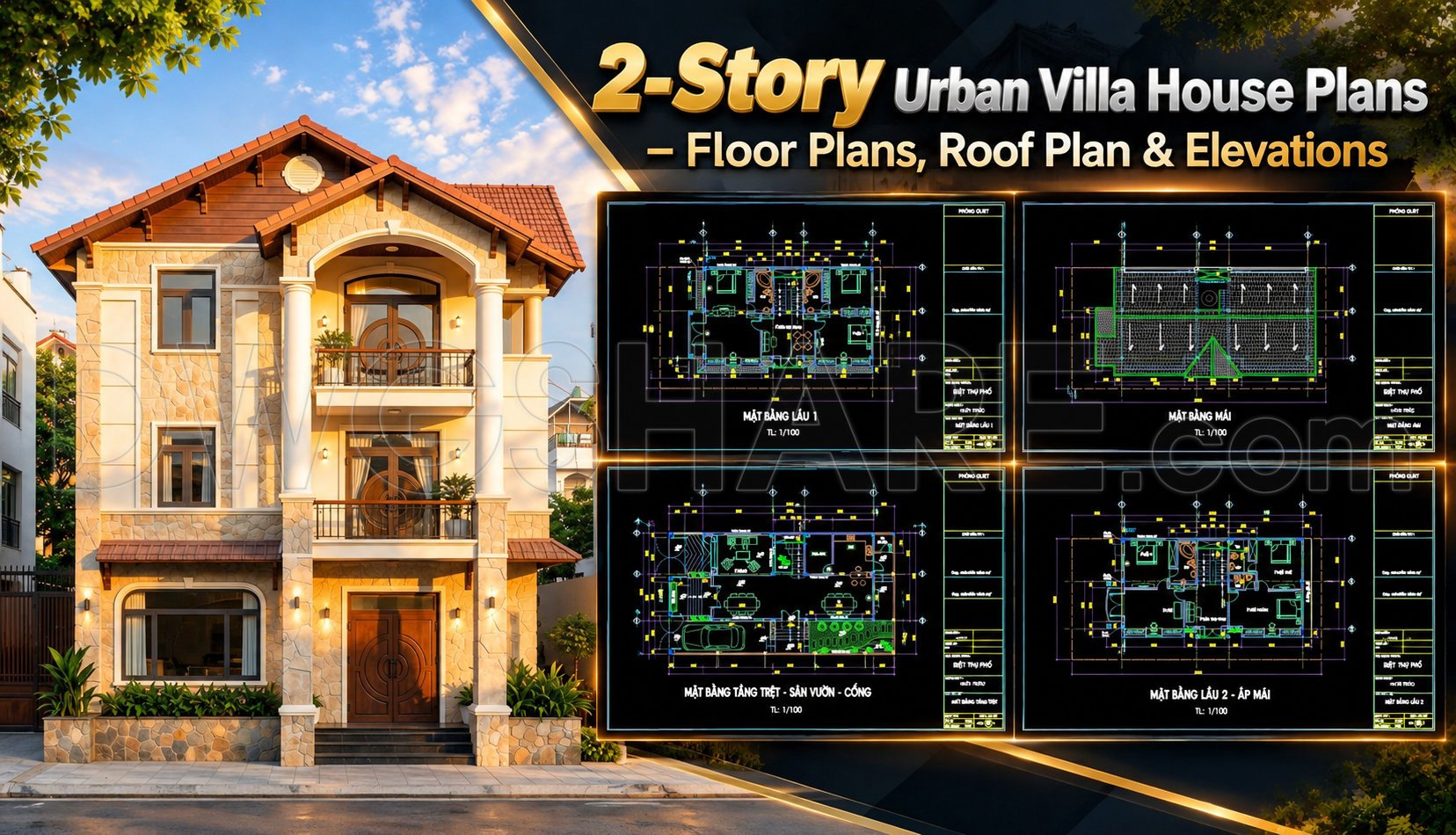 585. 2-Story Urban Villa House Plans – Floor Plans, Roof Plan & Elevations