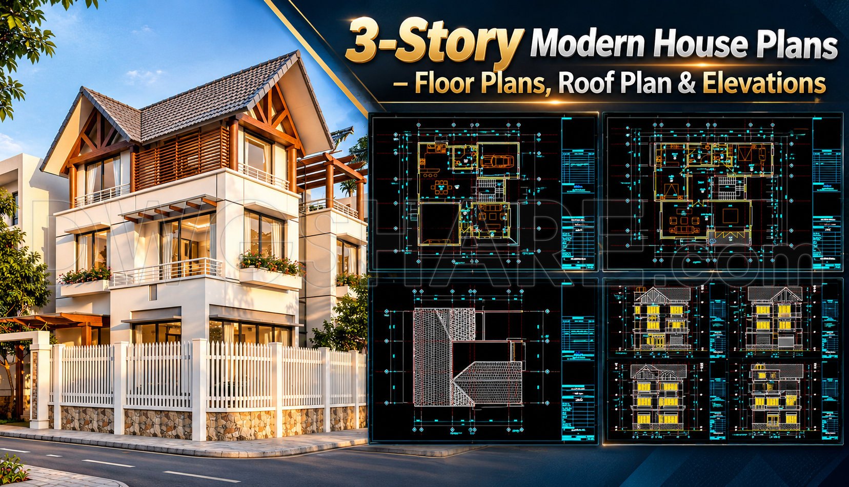 586. 3-Story Modern House Plans – Floor Plans, Roof Plan & Elevations