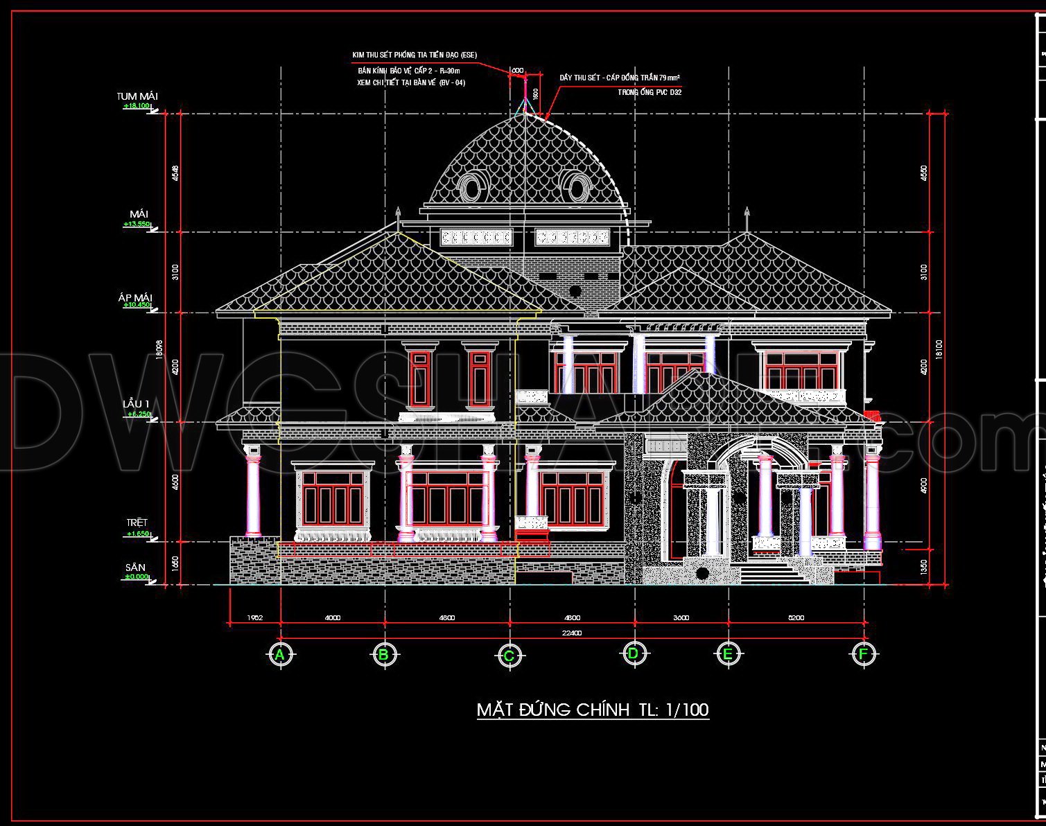 Lighting Map. Plan 368. Classical Villa Elevation CAD Drawing – Lightning Protection ...