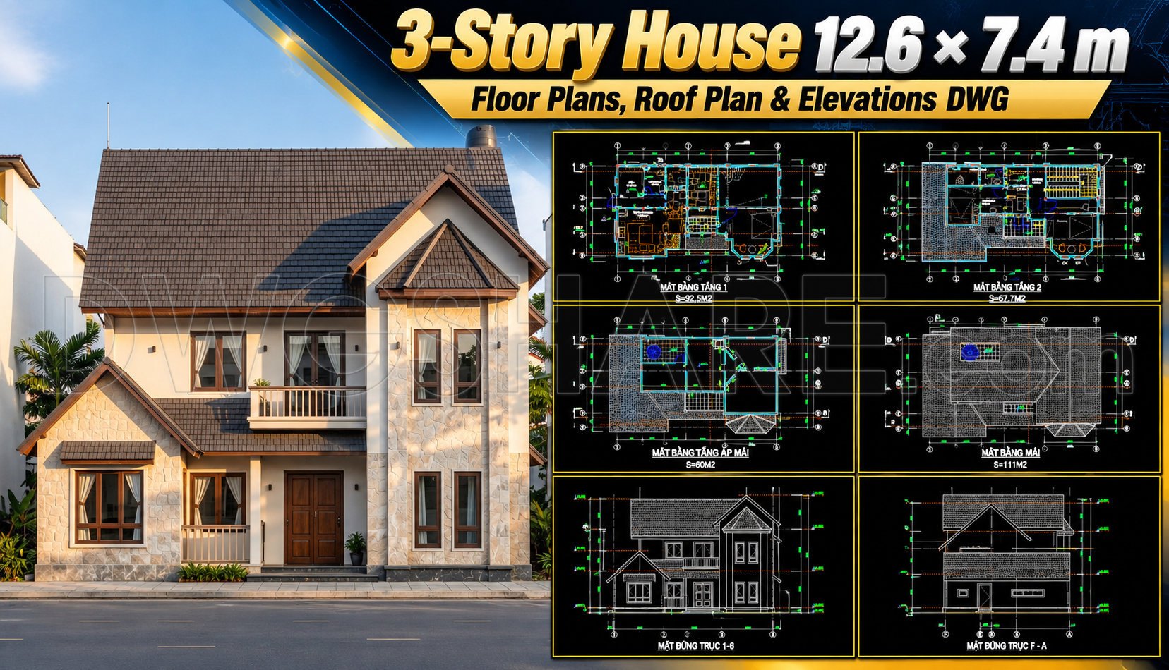 590. 3-Story House 12.6 × 7.4 m – Floor Plans, Roof Plan & Elevations DWG