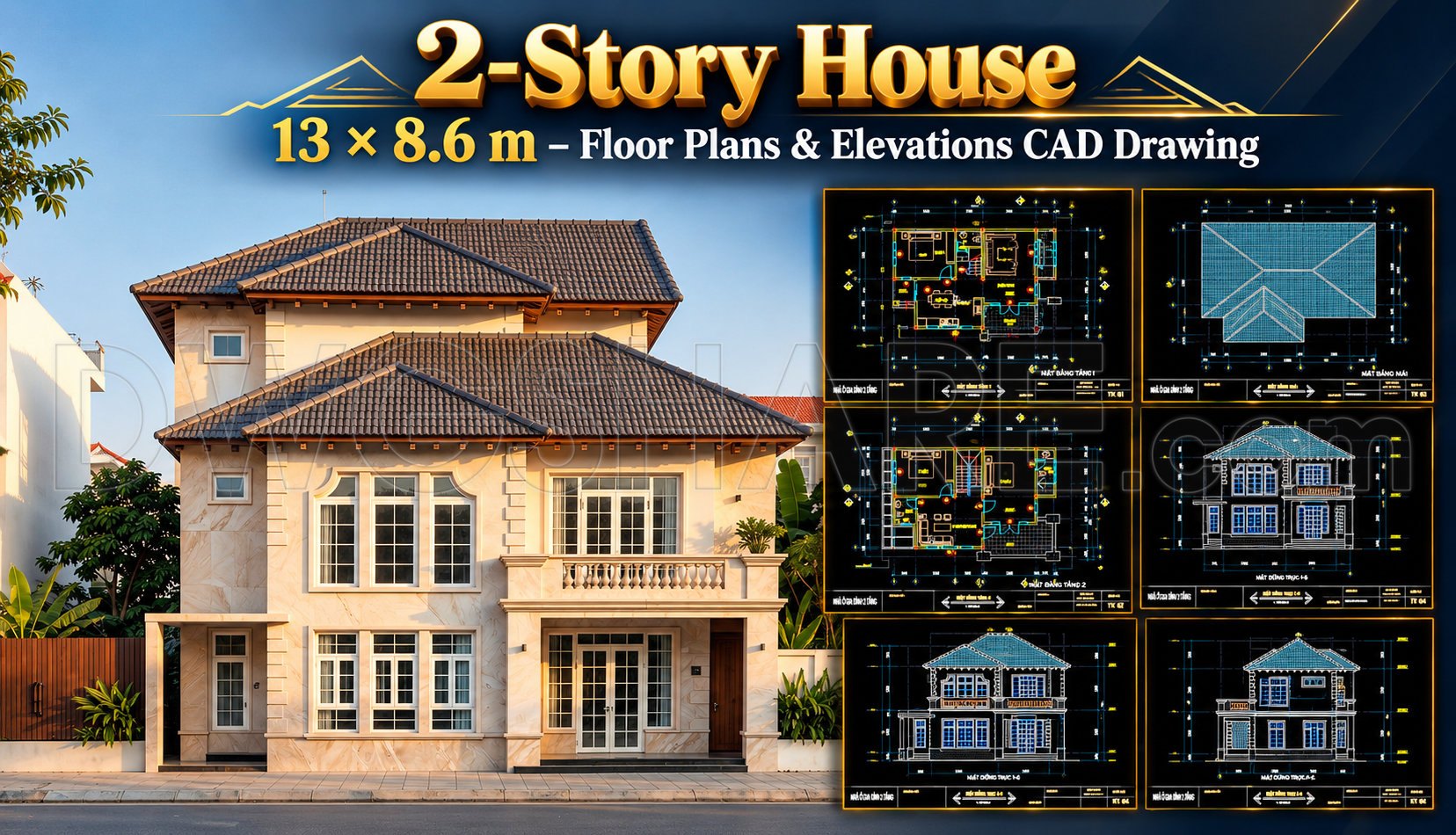 593. 2-Story House 13 × 8.6 m – Floor Plans & Elevations CAD Drawing
