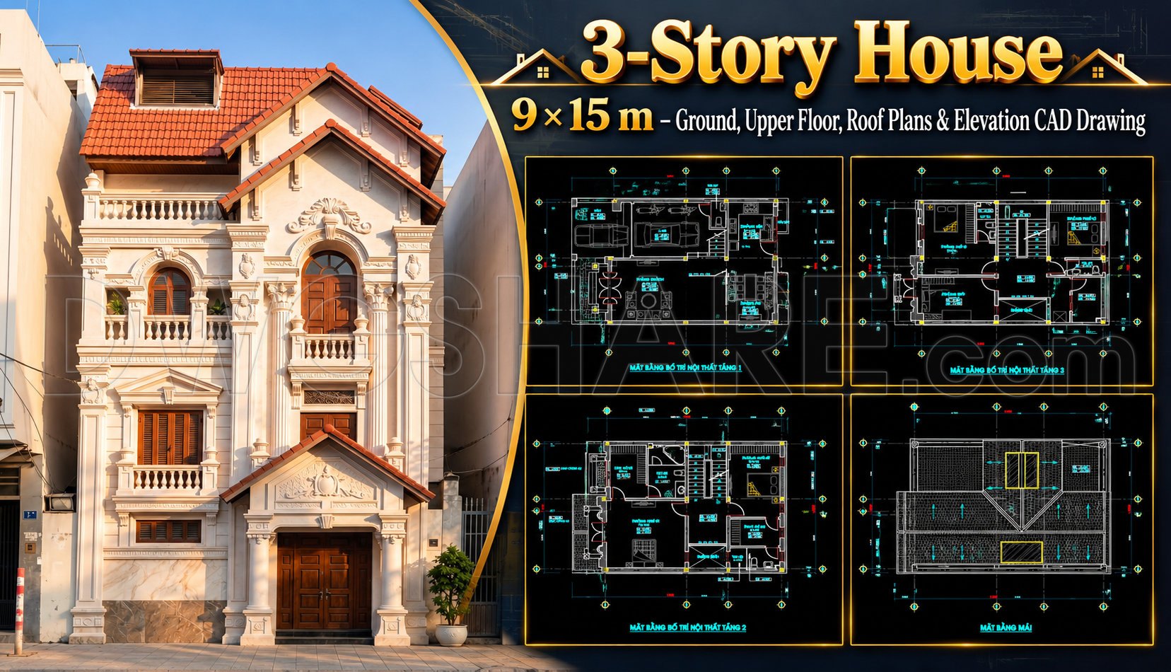 594. 3-Story House 9 × 15 m – Ground, Upper Floor, Roof Plans ...