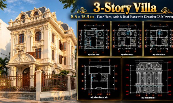595.-3-story-villa-8.5-_-15.3-m-floor-plans-attic-roof-plans-with-elevation-cad-drawing-1