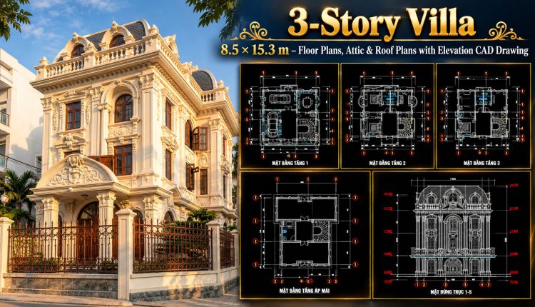 595.-3-story-villa-8.5-_-15.3-m-floor-plans-attic-roof-plans-with-elevation-cad-drawing-1