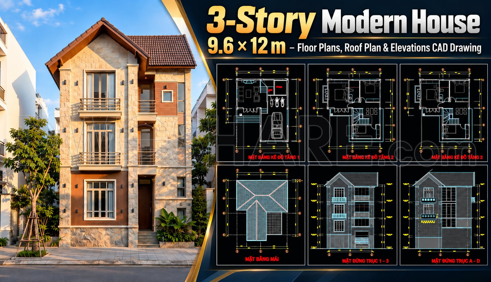597. 3-Story Modern House 9.6 × 12 m – Floor Plans, Roof Plan ...