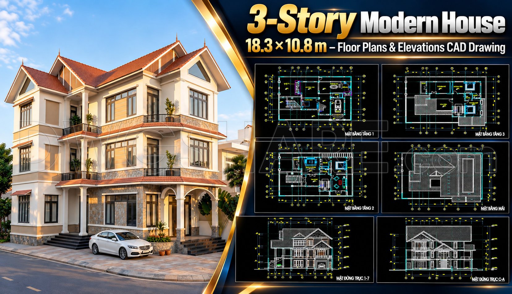 600. 3-Story Modern House 18.3 × 10.8 m – Floor Plans & Elevations CAD ...
