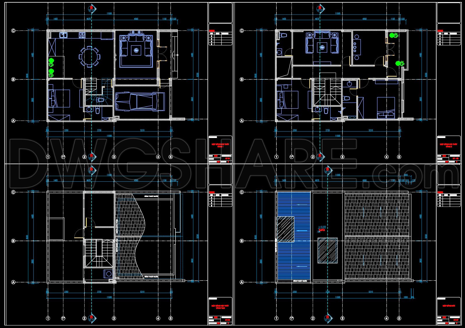 607. 3-Story Modern Gable House 8.5 × 11.5 m – Floor Plans & Elevation CAD Drawing (2)