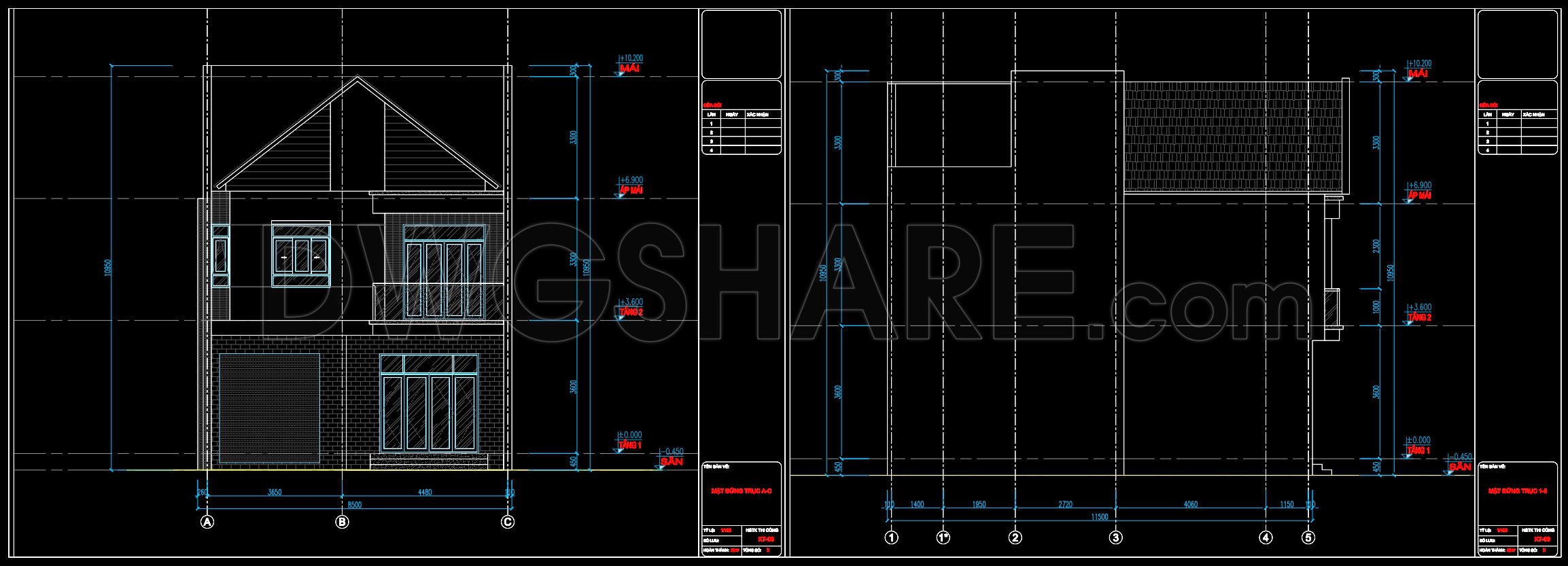 607. 3-Story Modern Gable House 8.5 × 11.5 m – Floor Plans & Elevation CAD Drawing (3)