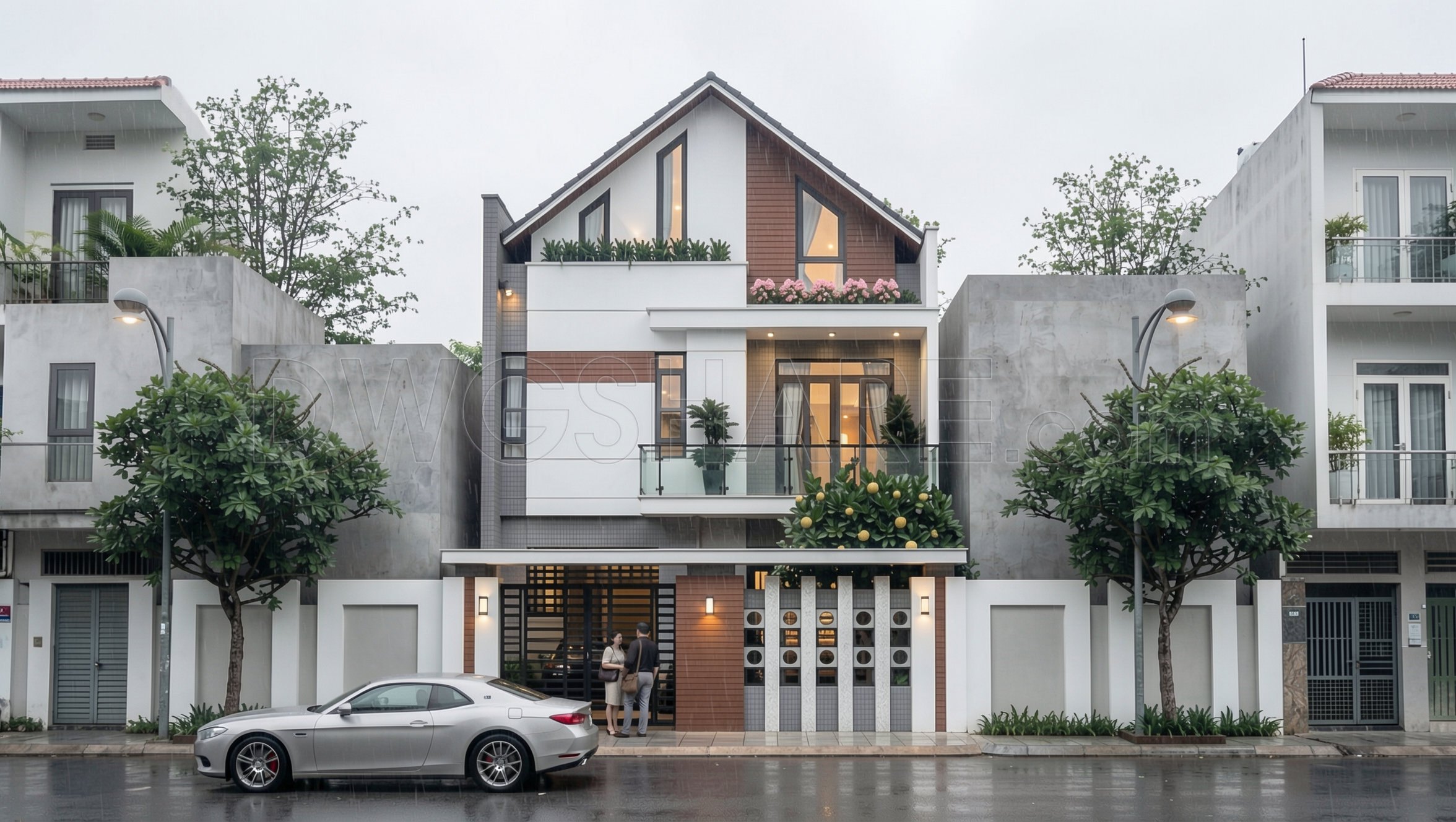 607. 3-Story Modern Gable House 8.5 × 11.5 m – Floor Plans & Elevation CAD Drawing (4)