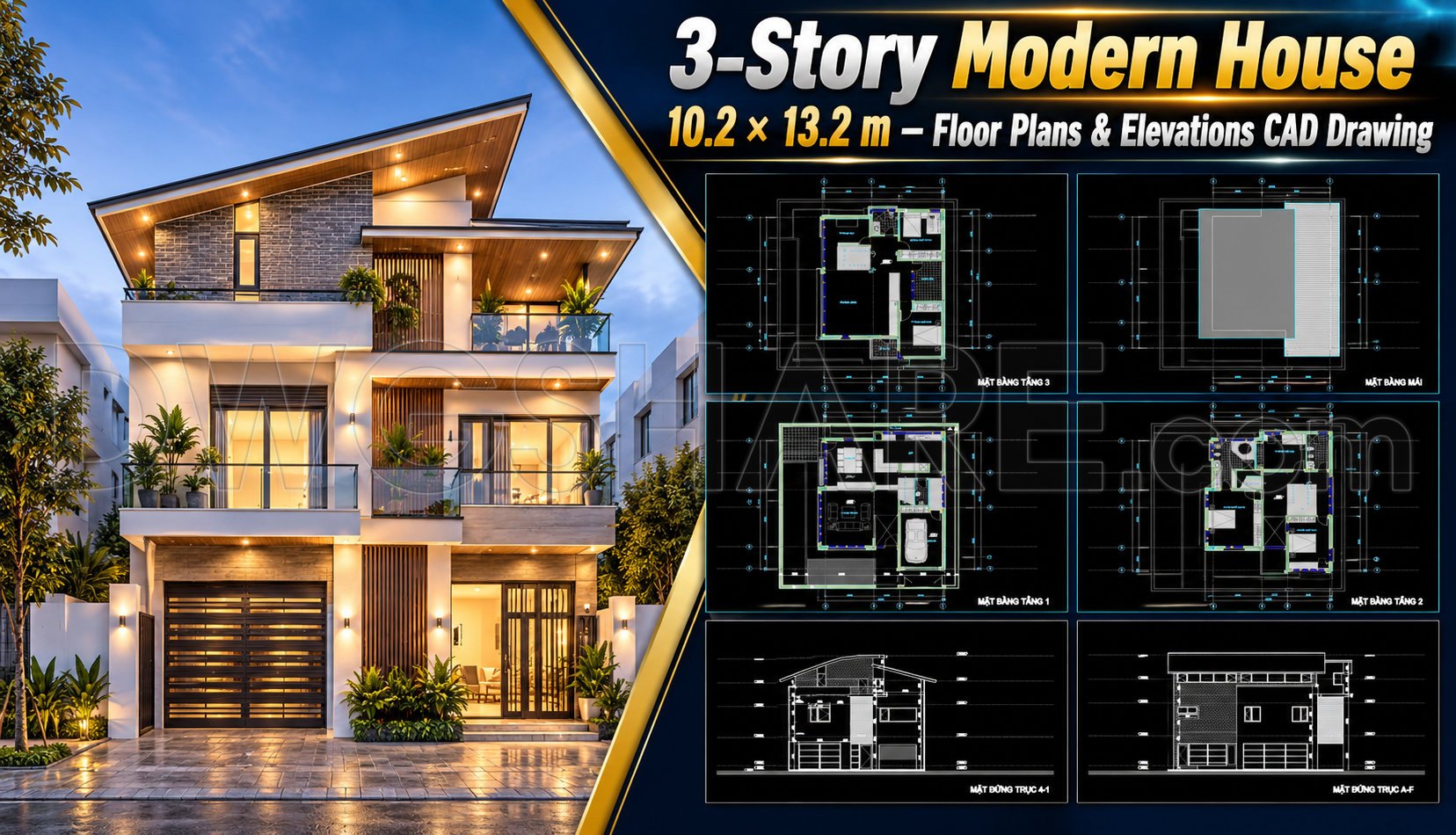 609. 3-Story Modern House 10.2 × 13.2 m – Floor Plans & Elevations CAD ...
