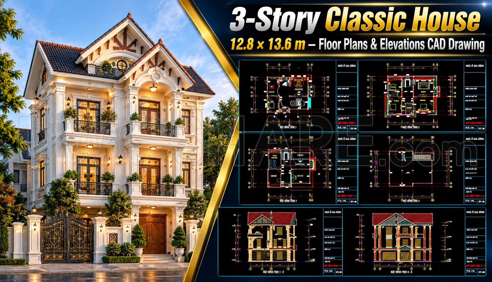 610. 3-Story Classic House 12.8 × 13.6 m – Floor Plans & Elevations CAD ...