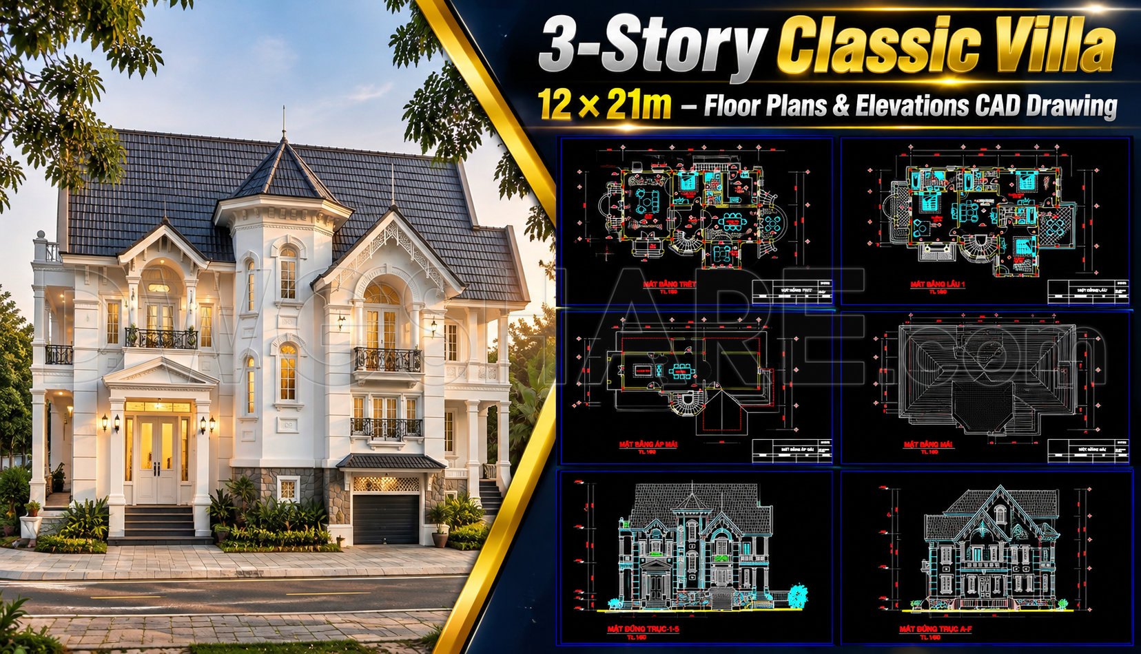 612. 3-Story Classic Villa 12 × 21m – Floor Plans & Elevations CAD Drawing (1)
