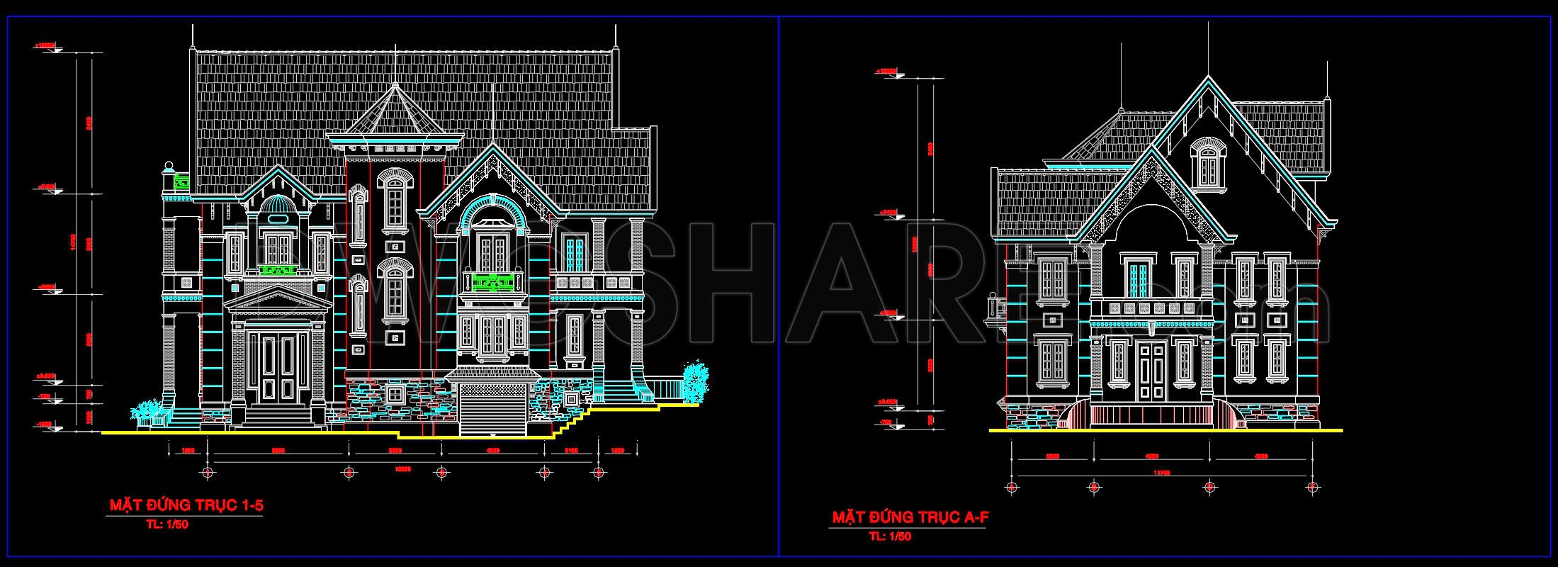 612. 3-Story Classic Villa 12 × 21m – Floor Plans & Elevations CAD Drawing (4)