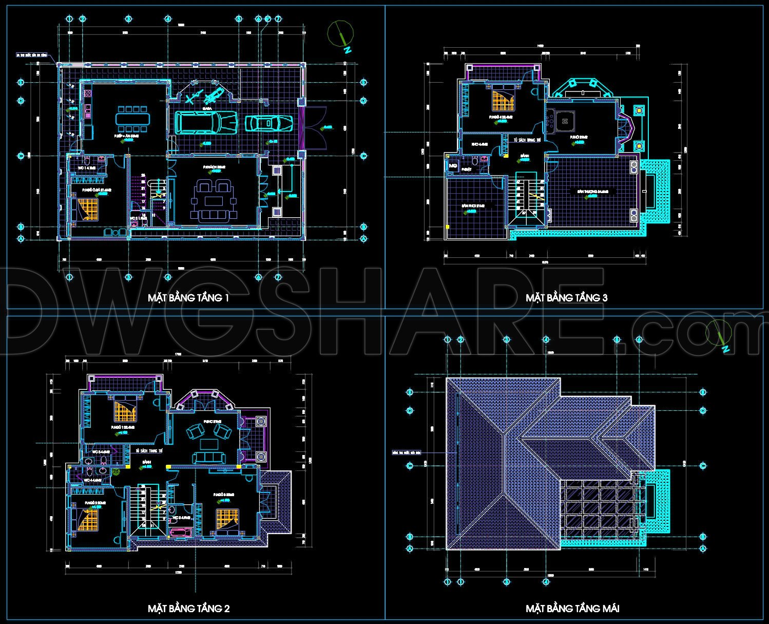 620. 3-Story Neoclassical Villa 13.5 × 18.8 m – Floor Plans, Roof Plan & Elevation CAD Drawing (2)
