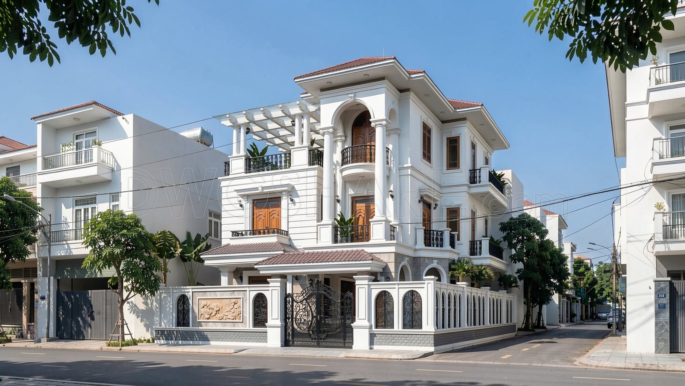 620. 3-Story Neoclassical Villa 13.5 × 18.8 m – Floor Plans, Roof Plan & Elevation CAD Drawing (3)