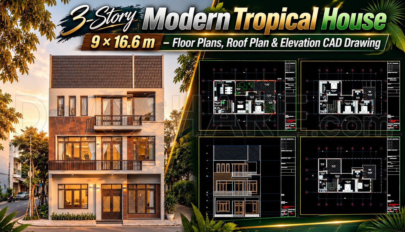 Modern Guard Post Design 622. 3-Story Modern Tropical House 9 × 16.6 m – Floor Plans, Roof Plan ...