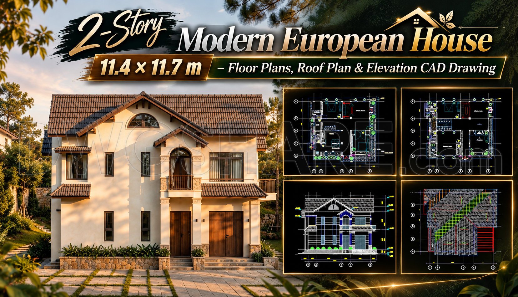 623. 2-Story Modern European House 11.4 × 11.7 m – Floor Plans, Roof ...