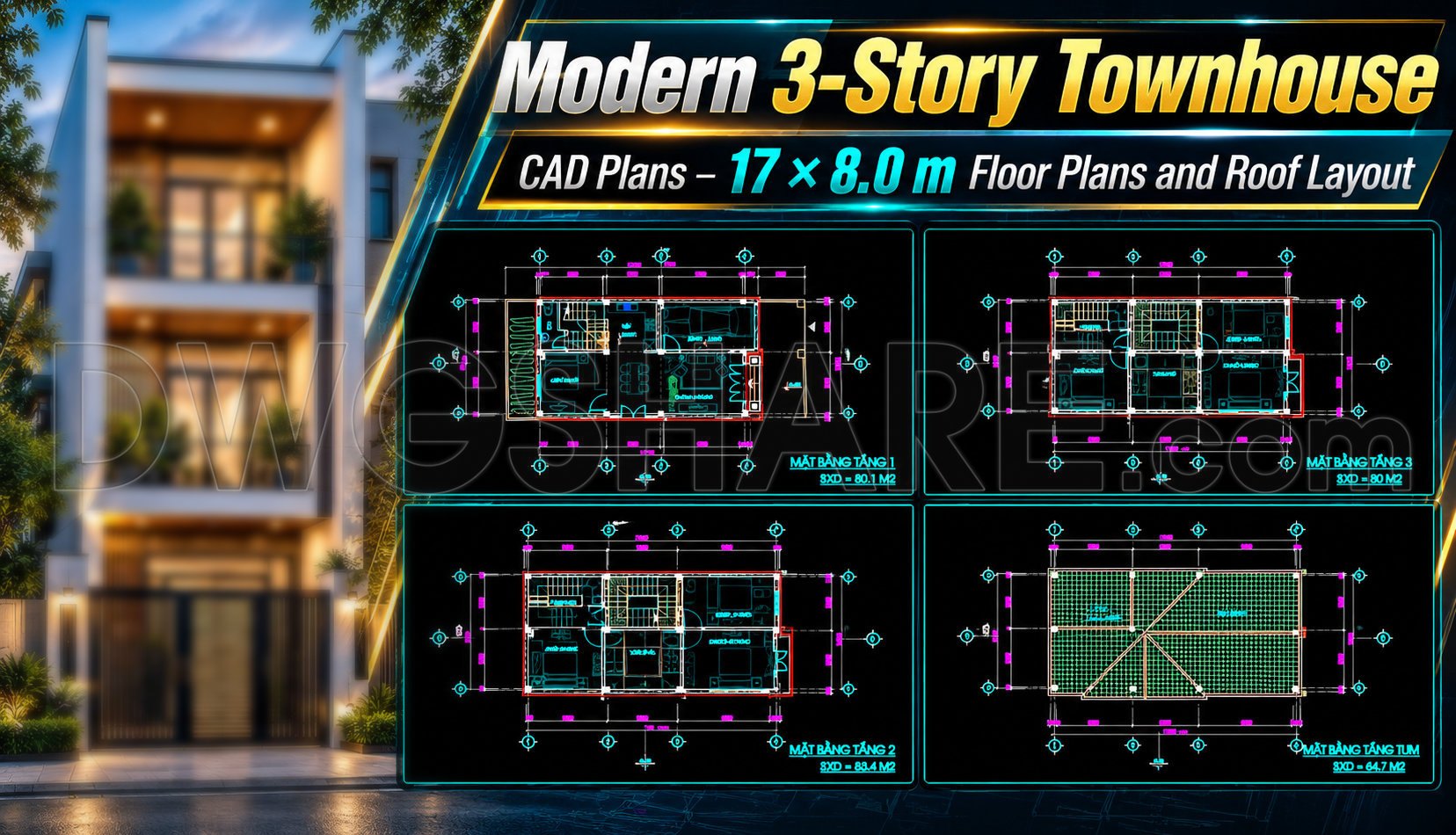 Townhouse Pattern 629. Modern 3-Story Townhouse CAD Plans – 17 × 8.0 m Floor Plans and ...