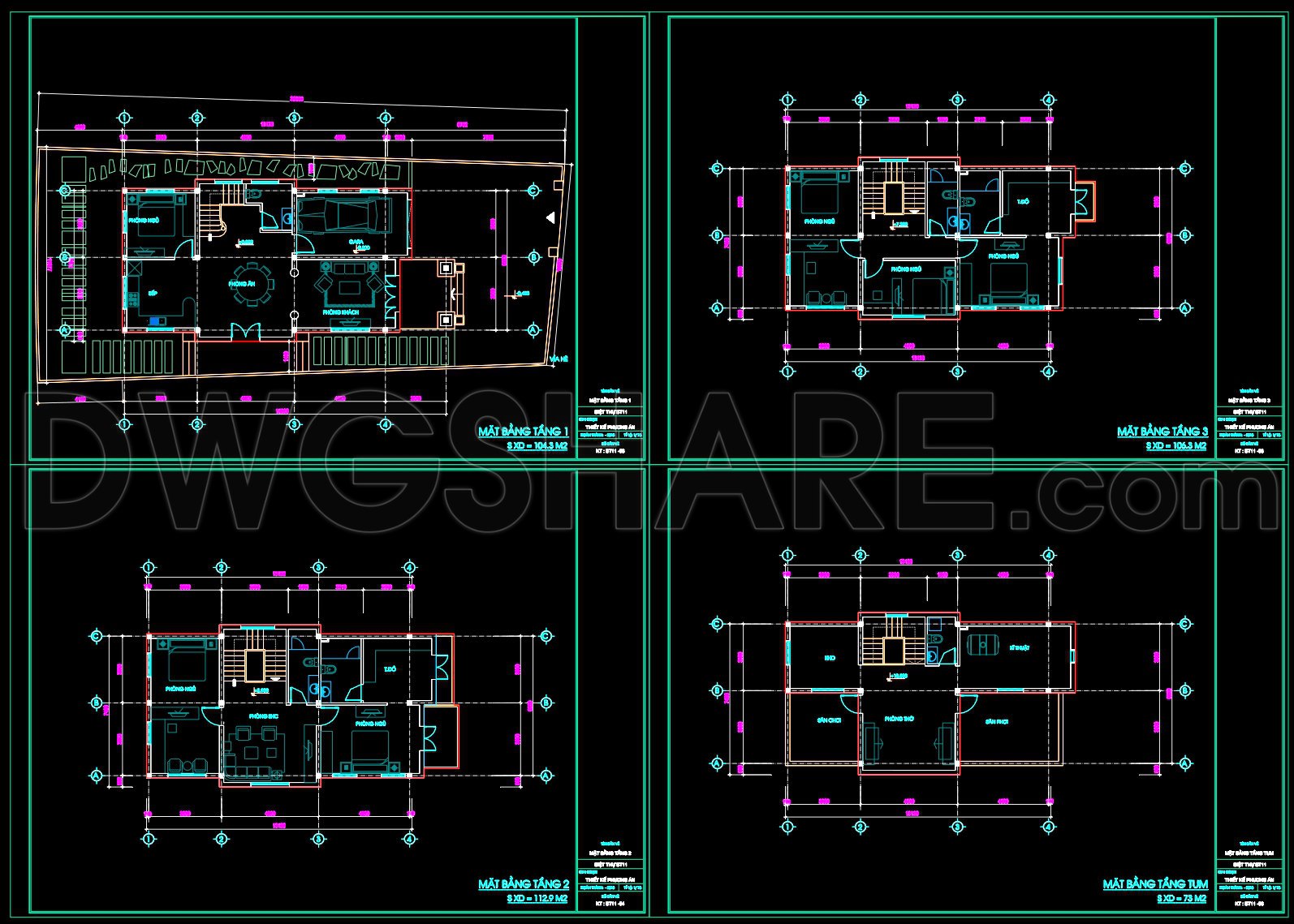 631. Modern 3-Story Villa CAD Plans – 8 × 16.8 m Floor Plans and Roof Plan (2)