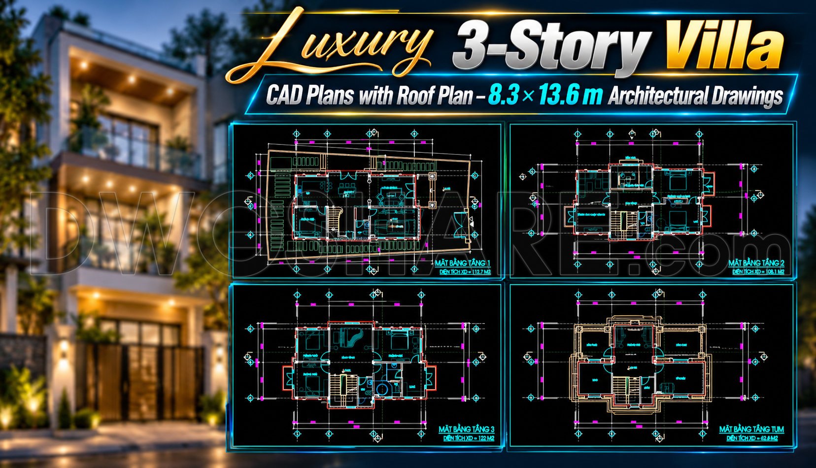 632. Luxury 3-Story Villa CAD Plans with Roof Plan – 8.3 × 13.6 m ...