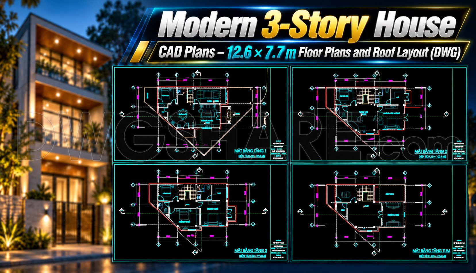 Modern Guard Post Design 636. Modern 3-Story House CAD Plans – 12.6 × 7.7 m Floor Plans and Roof ...
