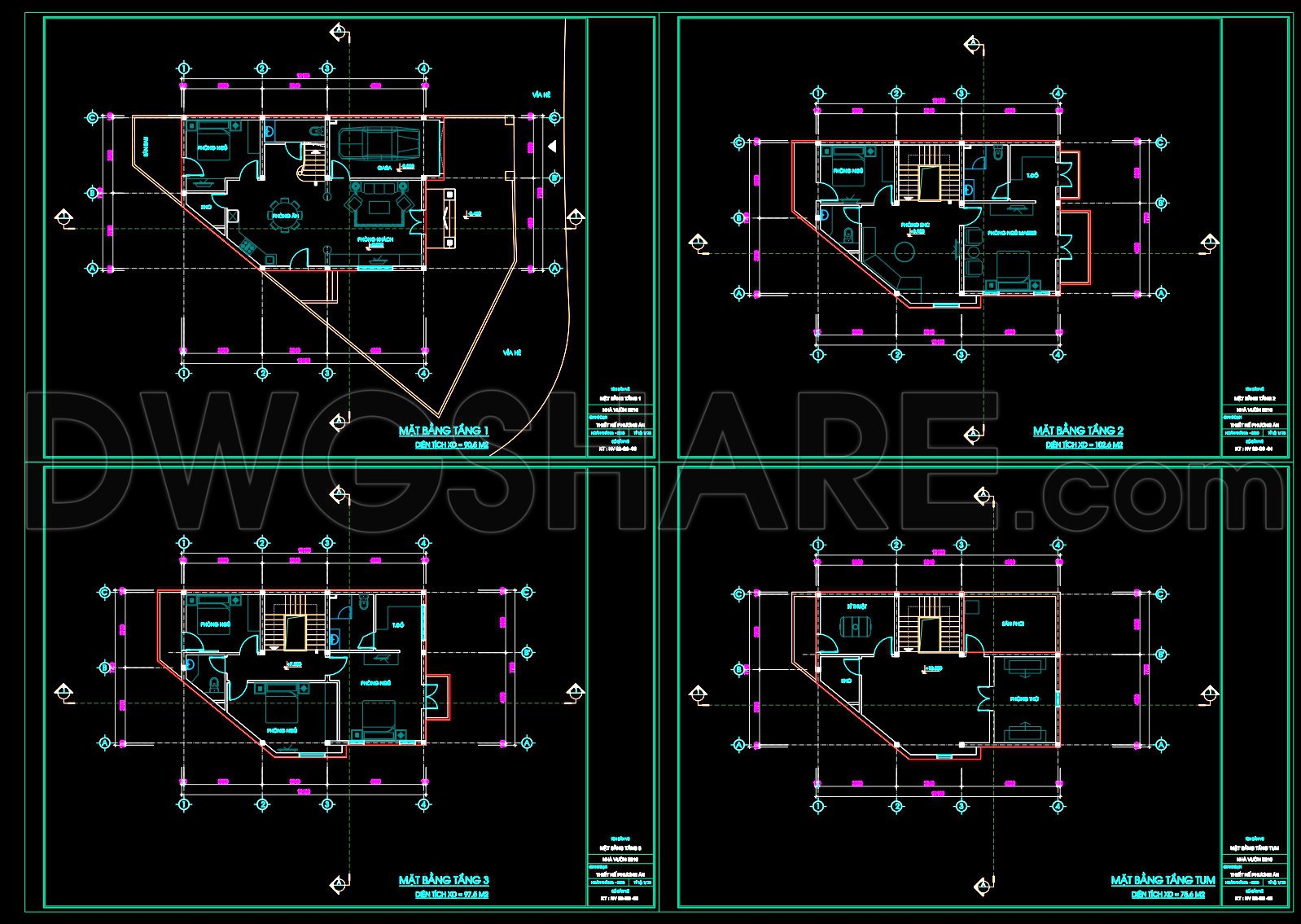 636. Modern 3-Story House CAD Plans – 12.6 × 7.7 m Floor Plans and Roof Layout (DWG) (2)
