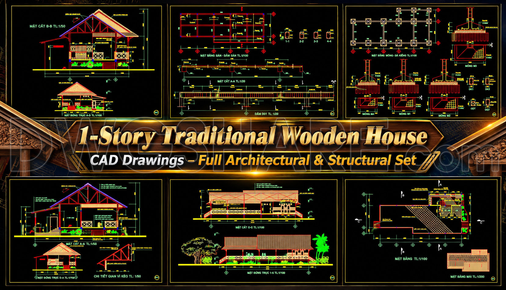 840. Free Download 1-Story Traditional Wooden House CAD Drawings – Full ...